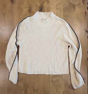 French Connection Cream Ribbed Mock Neck Sweater with Black Sleeve Stripe, Size